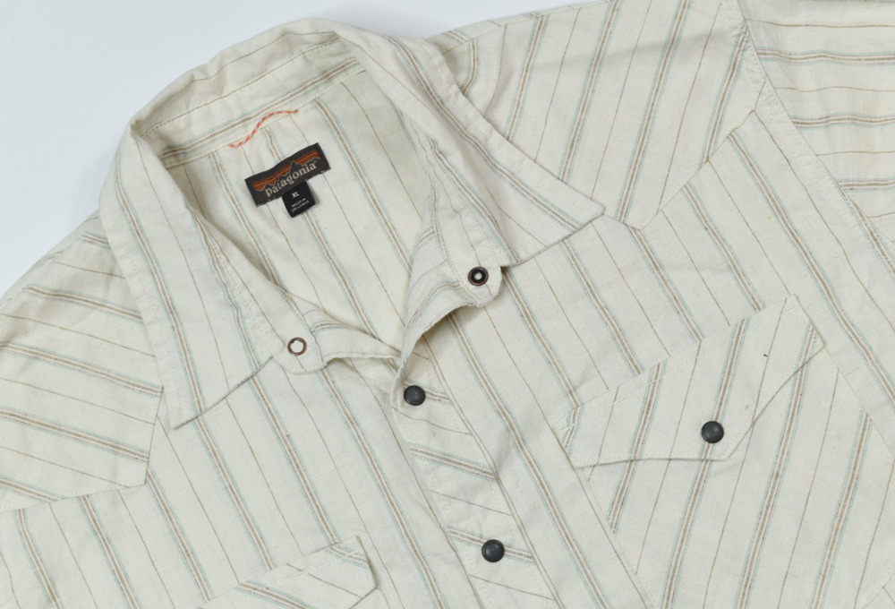 Patagonia Western Pearl-Snap Shirt Mens XL Beige Striped Long Sleeve Cotton Hemp